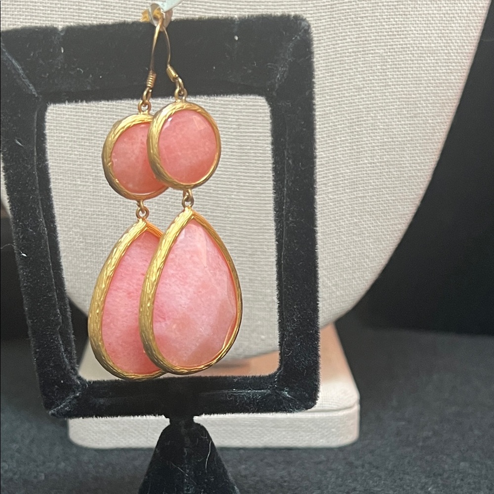 Light Coral Stone Double Drop Earrings in goldtone